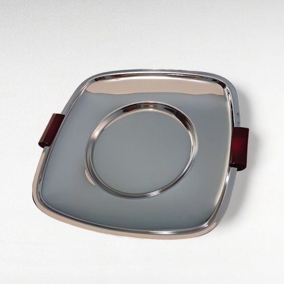 MCM Glo Hill Gourmates Vintage Chrome Bakelite Footed Chrome Serving Tray - Picture 2 of 5